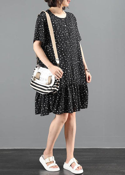 Organic black dotted dresses o neck patchwork Art Dresses - SooLinen