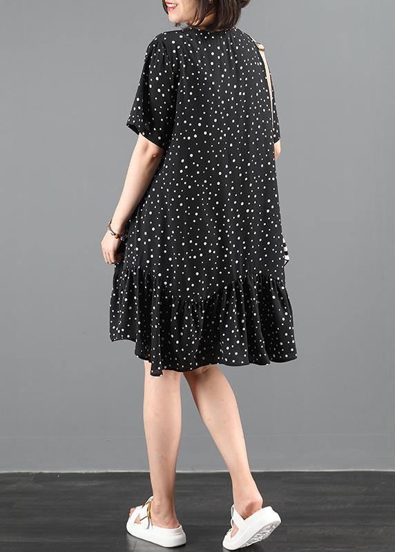 Organic black dotted dresses o neck patchwork Art Dresses - SooLinen