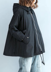 Organic black hooded Fine clothes Sleeve zippered fall short coats - SooLinen