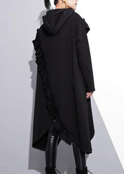 Organic black hooded cotton clothes ruffles long fall Dress - SooLinen