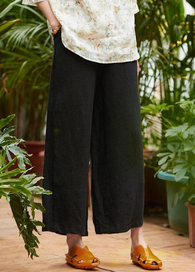 Organic black linen clothes For Women pockets long elastic waist wide leg pants - SooLinen