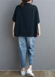 Organic black linen tunic top Fashion stand collar summer blouse - SooLinen