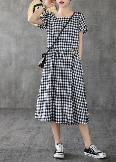 Organic black plaid linen cotton quilting clothes Square Collar patchwork cotton summer Dress - SooLinen