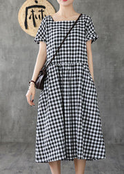 Organic black plaid linen cotton quilting clothes Square Collar patchwork cotton summer Dress - SooLinen