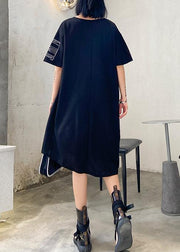 Organic black print Cotton o neck asymmetric oversized summer Dresses - SooLinen