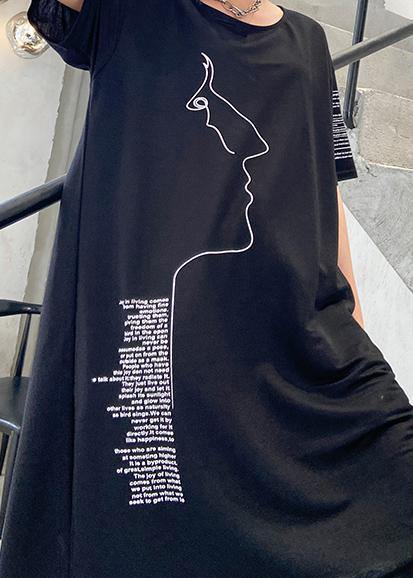 Organic black print Cotton o neck asymmetric oversized summer Dresses - SooLinen