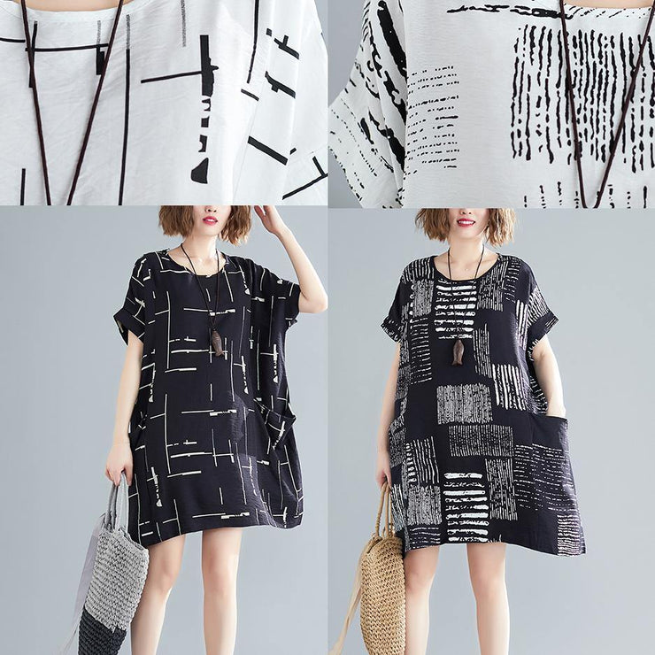 Organic black print Cotton quilting dresses Korea Outfits o neck pockets short Summer Dresses - SooLinen