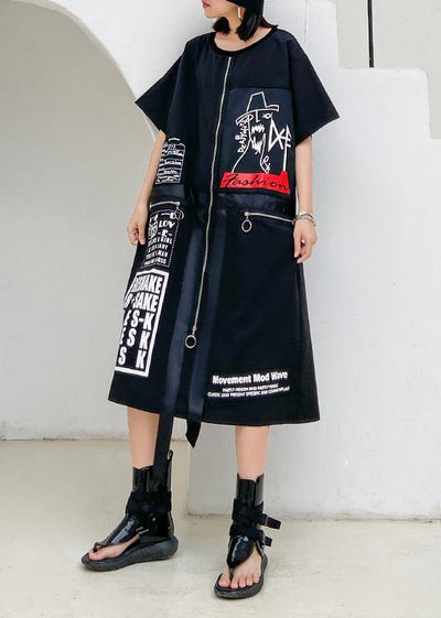 Organic black print cotton Tunics o neck zippered Maxi Dresses - SooLinen