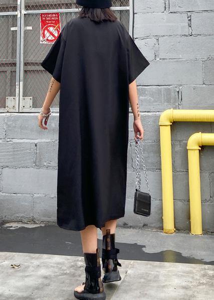 Organic black print cotton Tunics o neck zippered Maxi Dresses - SooLinen