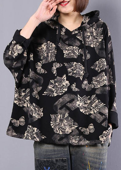 Organic black prints cotton Blouse hooded Plus Size Clothing autumn tops - SooLinen