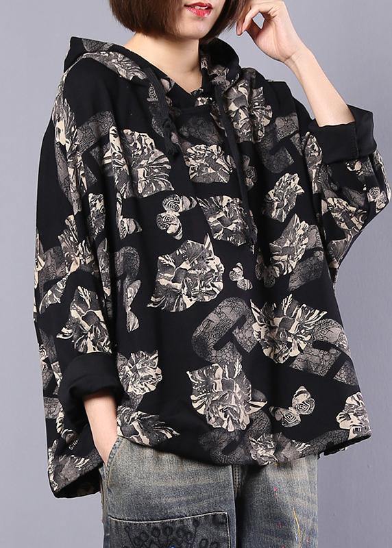 Organic black prints cotton Blouse hooded Plus Size Clothing autumn tops - SooLinen