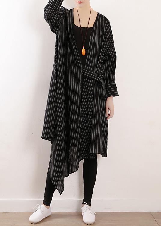 Organic black striped cotton Long Shirts v neck asymmetric Maxi Dresses - SooLinen