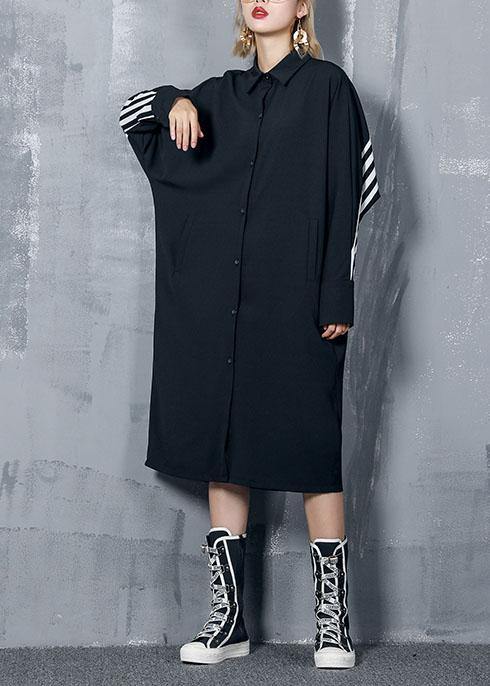 Organic black striped cotton clothes Women lapel Button Art Dresses - SooLinen
