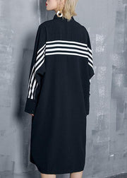 Organic black striped cotton clothes Women lapel Button Art Dresses - SooLinen