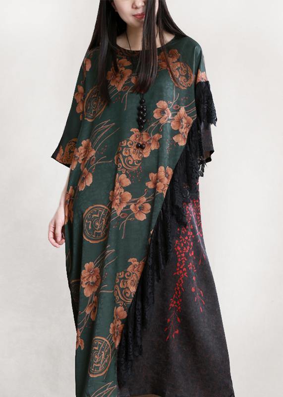 Organic blackish green print Robes o neck patchwork long Dresses - SooLinen
