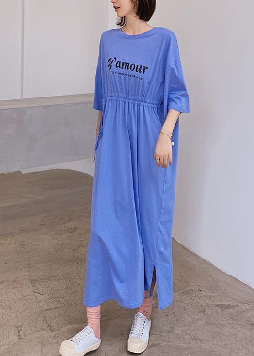 Organic blue Letter clothes For Women o neck Cinched Robe Dress - SooLinen