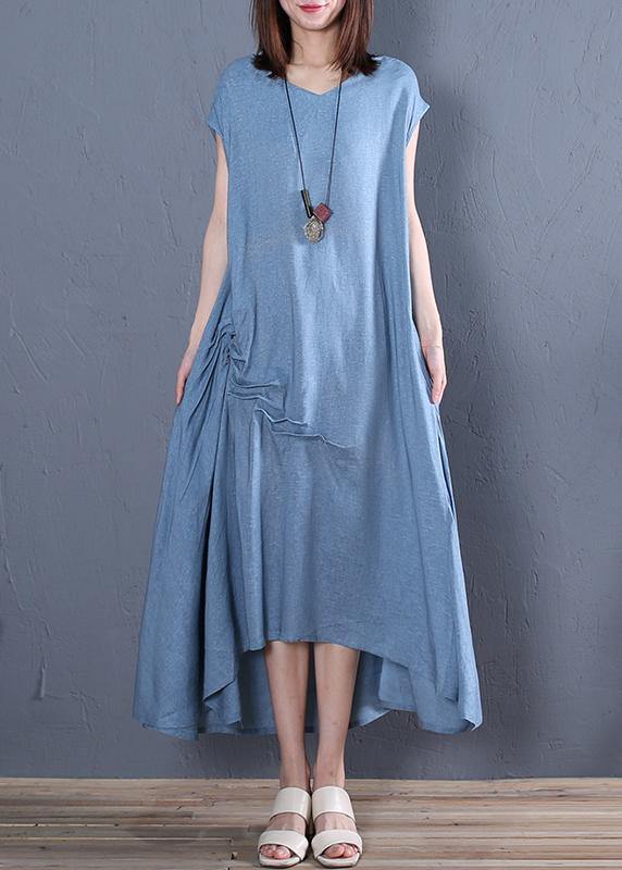 Organic blue cotton clothes For Women v neck Cinched loose Dresses - SooLinen