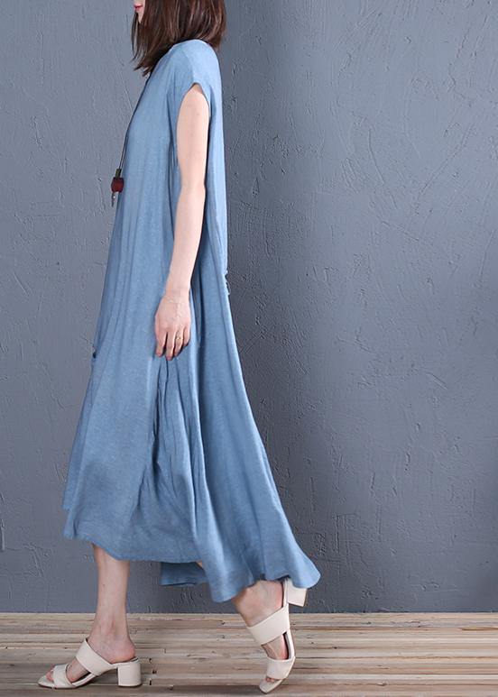 Organic blue cotton clothes For Women v neck Cinched loose Dresses - SooLinen