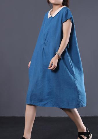 Organic blue linen clothes For Women patchwork color lapel collar baggy summer Dresses - SooLinen