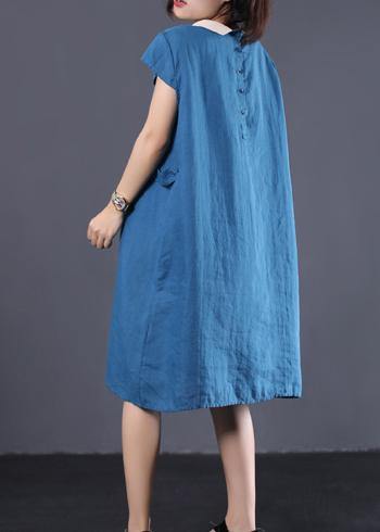 Organic blue linen clothes For Women patchwork color lapel collar baggy summer Dresses - SooLinen