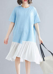 Organic blue o neck cotton quilting clothes asymmetric patchwork Maxi summer Dress - SooLinen