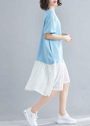 Organic blue o neck cotton quilting clothes asymmetric patchwork Maxi summer Dress - SooLinen