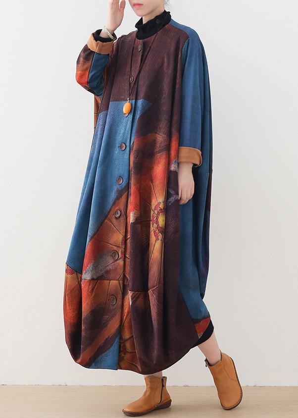 Organic blue print dresses o neck Batwing Sleeve Maxi fall Dress - SooLinen
