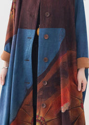 Organic blue print dresses o neck Batwing Sleeve Maxi fall Dress - SooLinen