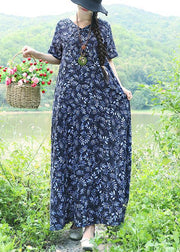 Organic blue print linen Robes Pakistani Work Chinese Button Maxi summer Dress - SooLinen