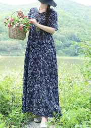 Organic blue print linen Robes Pakistani Work Chinese Button Maxi summer Dress - SooLinen