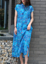 Organic blue print linen clothes For Women stand collar side open Kaftan Dresses - SooLinen