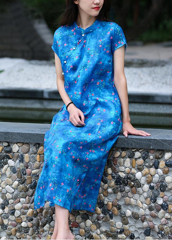 Organic blue print linen clothes For Women stand collar side open Kaftan Dresses - SooLinen