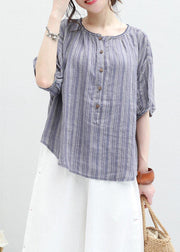 Organic blue striped linen box top o neck half sleeve oversized summer blouse - SooLinen