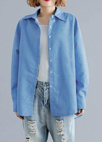 Organic blue white plaid cotton shirts Gifts POLO collar fall top - SooLinen