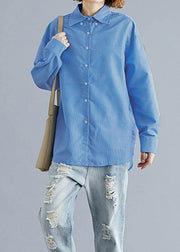 Organic blue white plaid cotton shirts Gifts POLO collar fall top - SooLinen