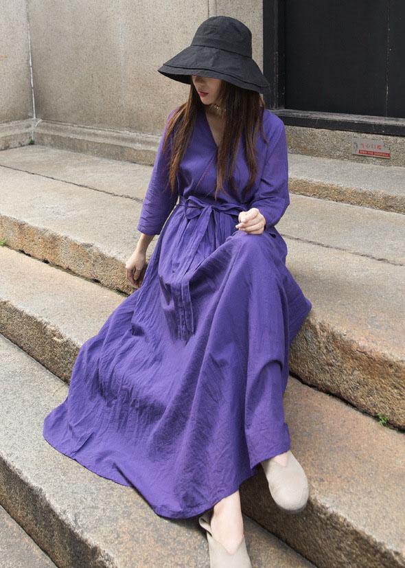 Organic bracelet sleeved linen clothes For Women Shape dark purple v neck Dress - SooLinen