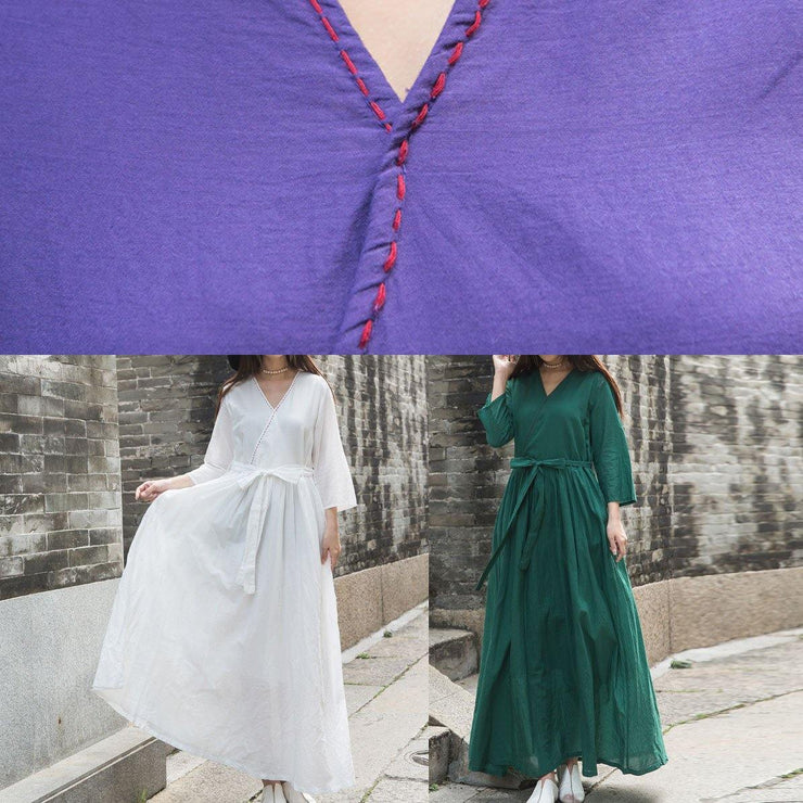 Organic bracelet sleeved linen clothes For Women Shape dark purple v neck Dress - SooLinen