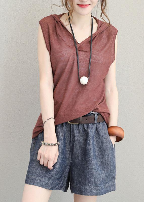 Organic brown cotton clothes For Women sleeveless short hooded blouse - SooLinen