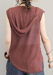 Organic brown cotton clothes For Women sleeveless short hooded blouse - SooLinen