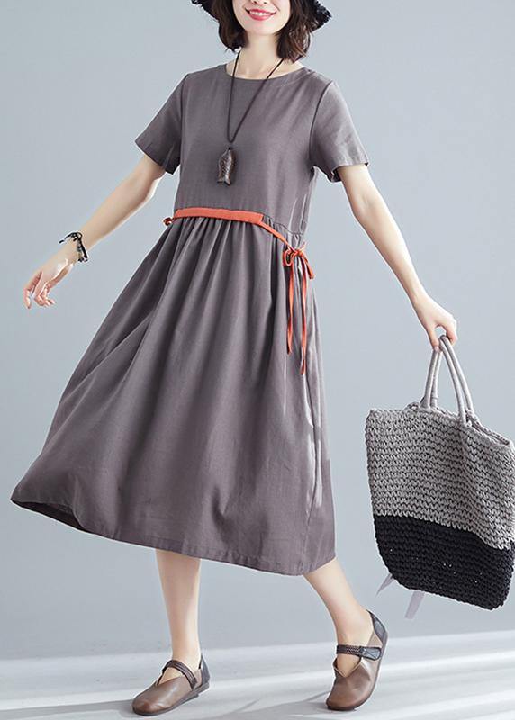 Organic brown linen quilting dresses o neck tie waist summer Dress - SooLinen