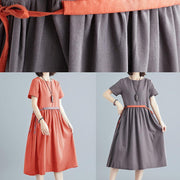 Organic brown linen quilting dresses o neck tie waist summer Dress - SooLinen