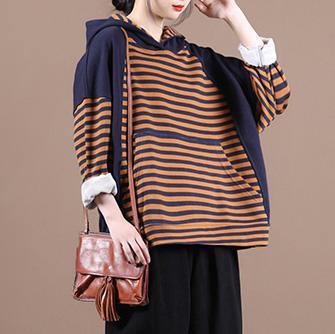Organic chocolate striped top silhouette hooded patchwork silhouette blouses - SooLinen