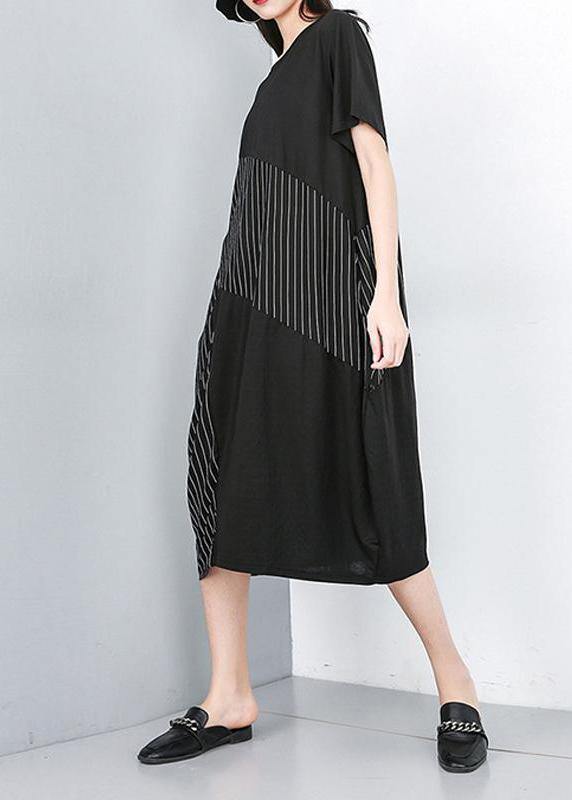 Organic clothes Women Irregular Striped Round Neck Half Sleeve Dress - SooLinen