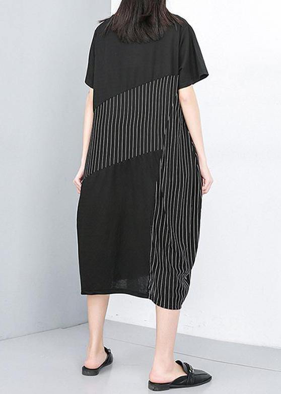 Organic clothes Women Irregular Striped Round Neck Half Sleeve Dress - SooLinen