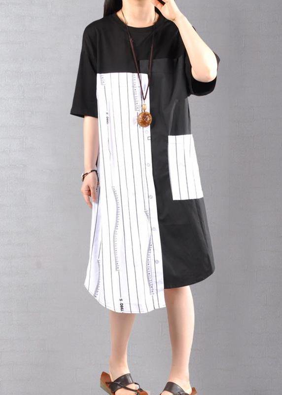 Organic cotton outfit Boho Casual Striped Spliced Irregular Half Sleeve Dress - SooLinen