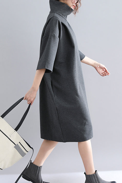 Organic dark gray Knit dress Sweets design high neck Half sleeve baggy spring Dress