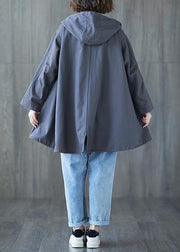 Organic dark gray hooded cotton Blouse drawstring hem tunic fall shirt - SooLinen