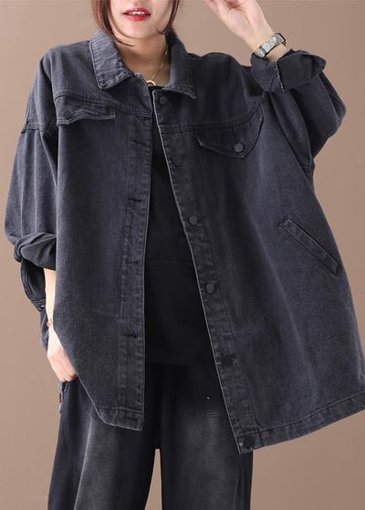 Organic denim black cotton crane tops lapel pockets Midi fall blouses - SooLinen