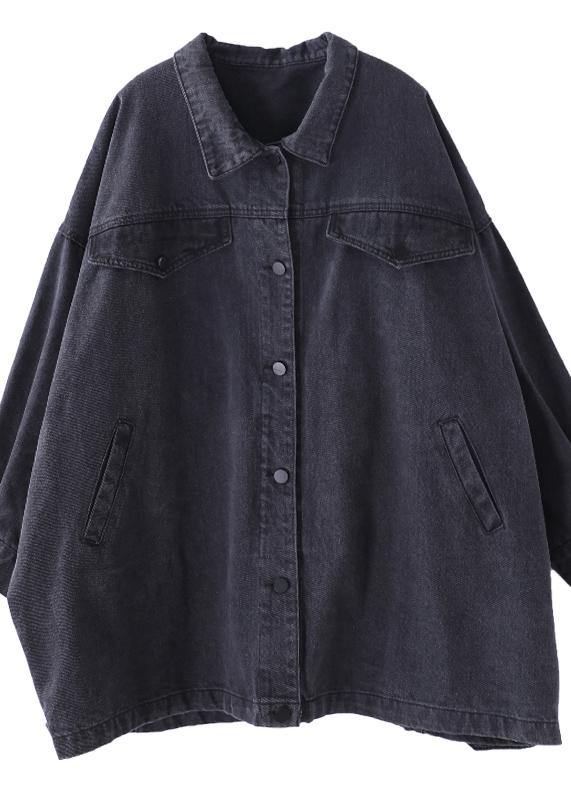 Organic denim black cotton crane tops lapel pockets Midi fall blouses - SooLinen