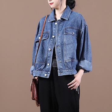 Organic denim blue Fine maxi coat Inspiration lapel fall jackets - SooLinen